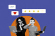 © deagreez - Composite photo collage of two girls colleagues hold macbook support service stars rating heart feedback isolated on painted background