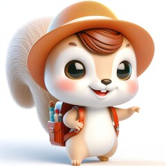 Wall Mural - Cute character 3D image of A squirrel is wearing a hat and carrying a backpack on the way to school, funny, smile, happy white background