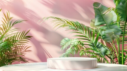 Aufkleber - 3D rendering of a tropical palm leaves backdrop for a beauty podium.