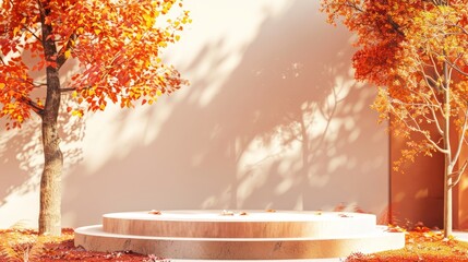 Sticker - Landscape scene in autumn with a podium background. 3D rendering.