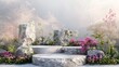 The natural beauty of this podium backdrop is enhanced by the stone and flowers on the grass.3d render...