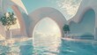 Geometric heart shapes, arch with swimming pool in natural day light. 3D landscape background with minimal geometric forms.