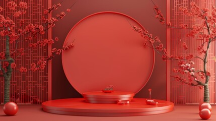 Leinwandbilder - A Chinese background with a podium for displaying products in 3D.