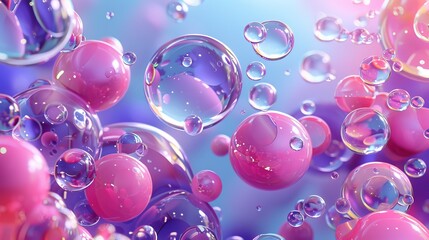 Leinwandbilder - The background is abstract 3D art with holographic floating liquid blobs, soap bubbles, metaballs and soap bubbles.