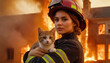 A female firefighter stands with a rescued cat in her arms, with a building burning in the background. AI generated