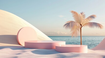 Sticker - Three-dimensional rendering of an abstract summer beach scene with a podium backdrop.