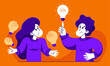 Young man shows a bright idea to a woman who has no working ideas, vector illustration of young people with a light bulb helping each other.