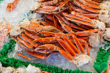 Frozen Alaska king crab legs in Washington D.C. fish market at the Wharf.