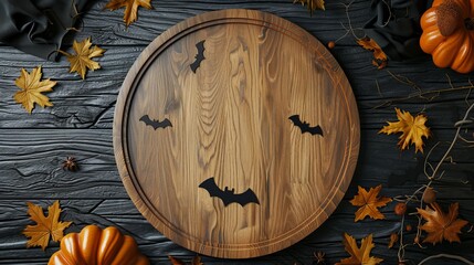 Poster - Top view of an empty wooden plate for product display with a Halloween theme. 3D rendering.
