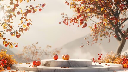 Fototapete - Landscape scene with a podium for displaying a product in Autumn. 3D rendering.