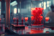 Test tubes with red liquid in laboratory close up, biochemistry and science or tests and experiments
