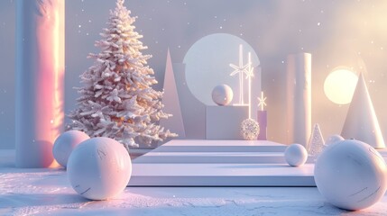Fototapete - Abstract winter Christmas scene with geometrical form. Product stand. Surreal backdrop. 3D rendering.