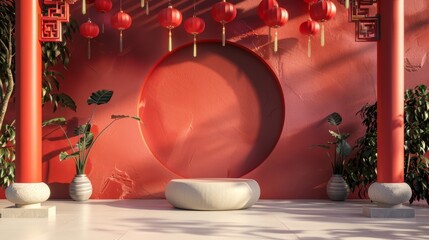 Aufkleber - Chinese background with podium for displaying products in 3D. Top view. Flat lay.