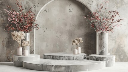 Aufkleber - A natural beauty podium backdrop with a concrete wall for displaying cosmetic products in 3D.