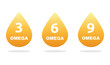 Omega 3, 6, 9 fatty acids. Three drops of polyunsaturated fatty acids. Vector illustration.