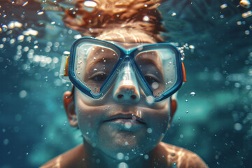 Boy with mask for underwater swimming with bubbles in front underwater
