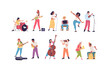 © ssstocker - Street musician characters. Musicians people band, woman guitarist violinist, teen city musical artist playing jazz instrument, singer live voice music classy vector illustration
