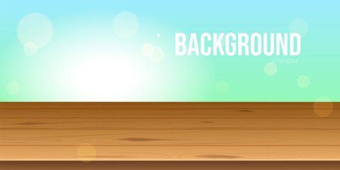 Wooden table bokeh. Realistic wood decking blur background spring nature window display, empty tabletop desk counter base product presentation mockup blurred 3d vector illustration
