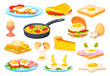 Cooked eggs dishes. Boiled fried egg cooking different food, scrambled omelette on plate breakfast tasty dish toast cheese ham lunch