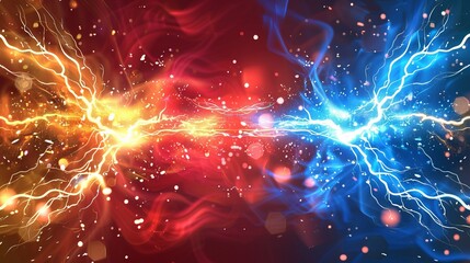 Wall Mural - A versus banner adorned with fire sparkles and lightning strikes, set against a red and blue background, editable vector illustration for vibrant confrontations