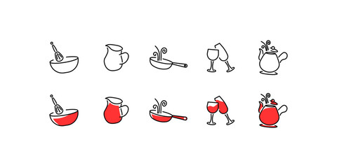 Wall Mural - Kitchen utensils icon set. Different styles, mixer, decanter, frying pan, glasses, kettle kitchenware icons. Vector icons