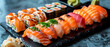 different types of sushi an a grey background