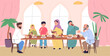 Arabic family dinner. Arab muslim people dining table eating food, islam iftar home gathering eid mubarak suhoor happy moslem ramadan celebration, saudi classy vector illustration