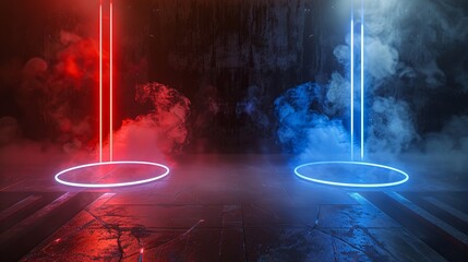 Wall Mural - A versus-themed glowing pedestal with flares, symbolizing a battle or competition concept with red and blue neon glowing circles on the floor and shining projectors from above