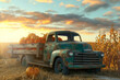 Old retro pick up car with pumpkins in the back in the field with sunset in the background
