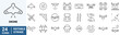 Drone, Quadrocopter line icons set. fpv, Fast delivery, remote control, propeller, city map navigation, action camera, radar screen, radio antenna. Collection of Outline Icons. Vector illustration.