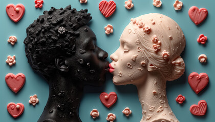 Wall Mural - World kiss day illustration. European Woman and black african american man kissing on blue background.