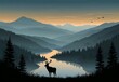 Vector atmospheric landscape with silhouettes of mountains, hills, forest and two deers