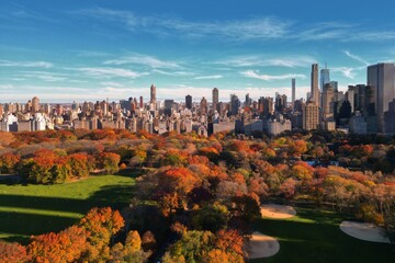 Autumn Fall. Autumnal Central Park view from drone. Aerial of NY City Manhattan Central Park panorama in Autumn. Autumn in Central Park. Autumn NYC. Central Park Fall Colors of foliage.