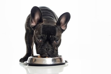 Poster - Hungry bulldog with food bowl isolated on white background