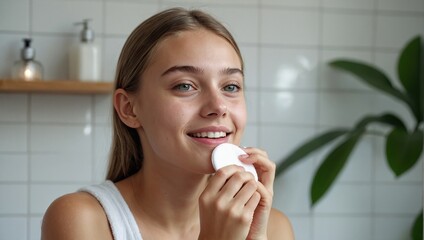 Wall Mural - Happy young beautiful Caucasian woman takes care of her facial skin.