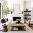 Farmhouse interior design of modern living room, home. White sofa and chair near fireplace.
