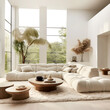 Minimalist interior design of modern living room, home. Villa with corner tufted modular sofa.