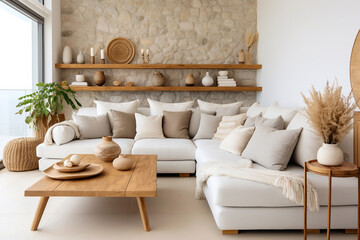 Coastal interior design of modern living room, home. Wooden coffee table and corner sofa against stone cladding wall with shelf.