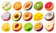 Fruits isolated set. Collection of halves of orange, passion fruit, apple, pear, plum on a transparent background.