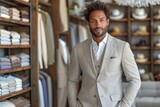 Fototapeta  - Confident young man with curly hair wearing a beige suit stands inside a fashion boutique
