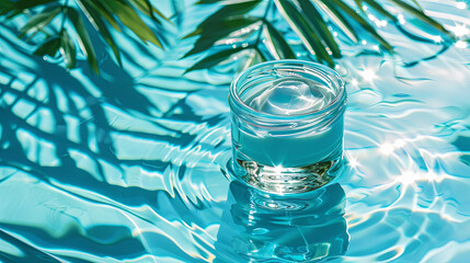 glass jar with cosmetic cream in clear blue water under palm trees