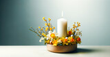 Fototapeta  - Composition with Scented Candle in  Bowl Surrounded by Yellow Daffodils Flowers and Spring Blossom Twigs.Celebration spring holiday Easter, Spring Equinox