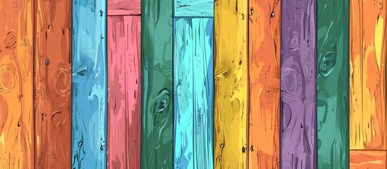 Poster - A row of colorful wooden boards painted in various tints and shades, including aqua, magenta, and electric blue, creating a vibrant display of art on rectangular panels