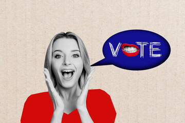 Poster - Creative picture collage young pretty woman saying vote textbox phrase agitate election campaign referendum face fragment mouth caricature