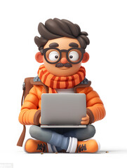 Sticker - 3D cartoon man working with laptop isolated on white background