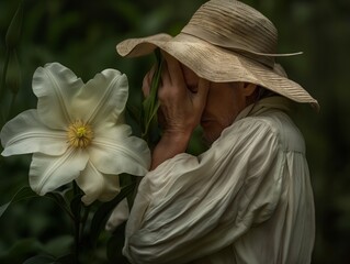 Canvas Print - A woman is holding a white flower in her hand and looking away. The flower is a lily and the woman is wearing a straw hat. Concept of calm and serenity