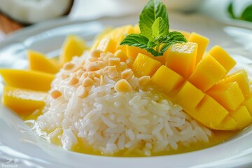 Sticker - Mango sticky rice a popular Thai dessert served on a white dish with coconut milk and soybeans