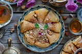Middle Eastern dessert pancakes known as Atayef or Qatayef stuffed with nuts and soaked in rose syrup traditionally served during Ramadan