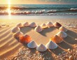 Heart shape made of colorful seashells on a beach with a beautiful sunset in the background