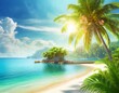 Vibrant beachscape with lush greenery, clear blue sky, and tranquil ocean waters at sunrise